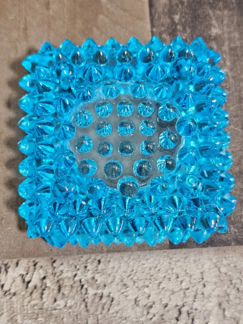 Vintage Fenton Blue Glass Votive Candle Holder Spike Hobnail Square